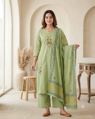 Designer Cotton 3 Piece Kurti Pant with Block Print Dupatta 