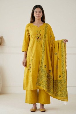 Designer Cotton 3 Piece Kurti Pant with Block Print Dupatta readymade suit catalogs