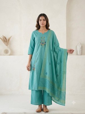 Designer Cotton 3 Piece Kurti Pant with Block Print Dupatta readymade suit catalogs