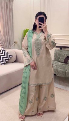Designer D. No. 045 Heavy Pure Roman Silk Embroidered Palazzo Suit Set Fancy Palazzo suit catalogue