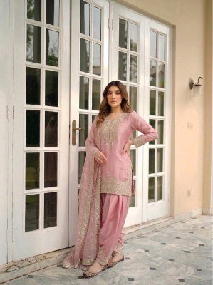 Designer D. No. 046 Pure NC Moss Silk Embroidered Farshi Palazzo Suit Set 