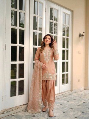 Designer D. No. 046 Pure NC Moss Silk Embroidered Farshi Palazzo Suit Set readymade suit catalogs