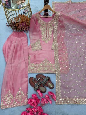 Designer D. No. 046 Pure NC Moss Silk Embroidered Farshi Palazzo Suit Set readymade suit catalogs