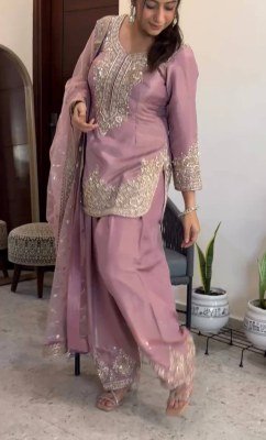 Designer D. No. 046 Pure NC Moss Silk Embroidered Farshi Palazzo Suit Set readymade suit catalogs