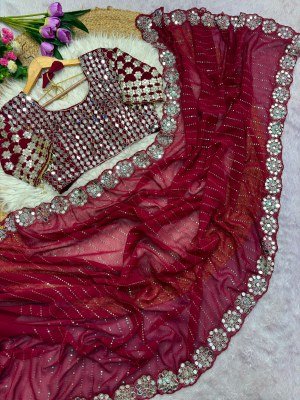 Designer Mirror Work Party Saree Heavy Soft Georgette Embroidery  sarees catalogs