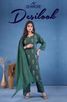 Desilook by Seamore Art silk cotton foil print kurti pant and dupatta catalogue at low rate kurti pant with dupatta Catalogs