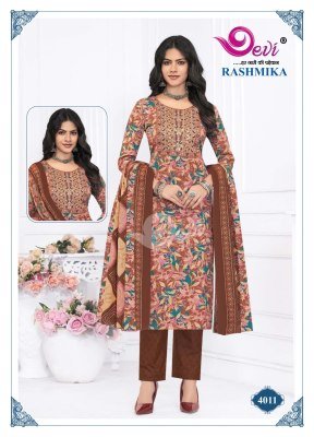 Devi Rashmika Vol 4 Kurti Pant Dupatta Set  Pure Cotton Printed with Lining And Embroidery Neck Patch Wholesale  kurtis catalogs