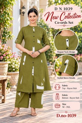 Diwali Special Code 1039 Rayon Slub Digital Print Co-Ord Set with Ankle-Length Pant Size wise Combo Set