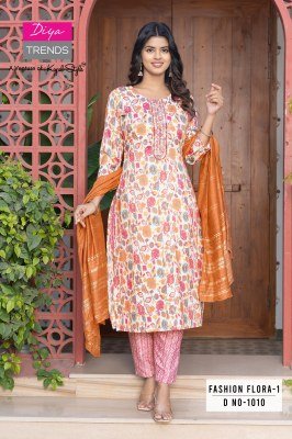 Diya Trends Fashion Flora Vol 1 Design No 1001 to 1012 Series Kurti Pant Dupatta Set Wholesale Price  readymade suit catalogs