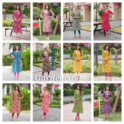 Diya Trends Gardencity 8 Rayon Printed Kurti with Foil Embroidery 12 Stylish Designs Wholesale kurtis catalogs