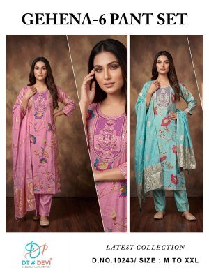 Dt Devi GEHENA-6 Pant Set Design No. 10243 Berlin Silk Printed 2-Piece Set kurti pant with dupatta Catalogs