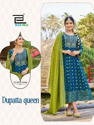 Dupatta queen by Blue hills reyon long foil printed Anarkali suit catalogue at affordable rate readymade suit catalogs