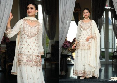 Eba Lifestyle Rangoli Black And White Chinon Embroidery Sharara Suit readymade suit catalogs