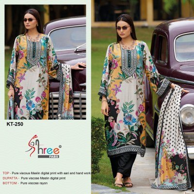 Elegant Shree Fab KT 250 Unstitched Suit  Pure Viscose Maslin, Hand And Aari Work, Digital Print Dupatta Wholesale dress material catalogs