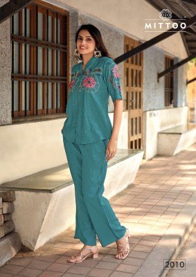 Elegant and comfortable, the Mittoo Daizy Vol 2 Kurti Set is crafted in soft viscose crepe with beautiful thread and handwork detailing—perfect for da co ord set catalogs