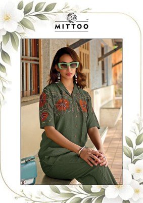 Elegant and comfortable, the Mittoo Daizy Vol 2 Kurti Set is crafted in soft viscose crepe with beautiful thread and handwork detailing—perfect for da co ord set catalogs