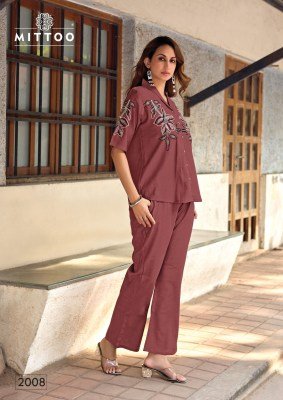 Elegant and comfortable, the Mittoo Daizy Vol 2 Kurti Set is crafted in soft viscose crepe with beautiful thread and handwork detailing—perfect for da co ord set catalogs