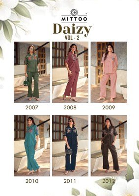 Elegant and comfortable, the Mittoo Daizy Vol 2 Kurti Set is crafted in soft viscose crepe with beautiful thread and handwork detailing—perfect for da co ord set catalogs