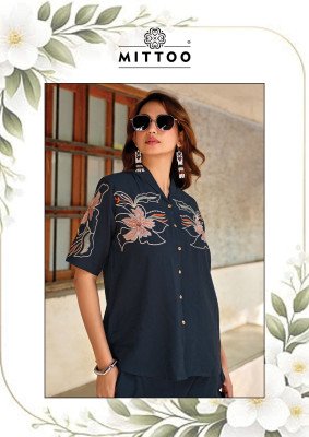 Elegant and comfortable, the Mittoo Daizy Vol 2 Kurti Set is crafted in soft viscose crepe with beautiful thread and handwork detailing—perfect for da co ord set catalogs