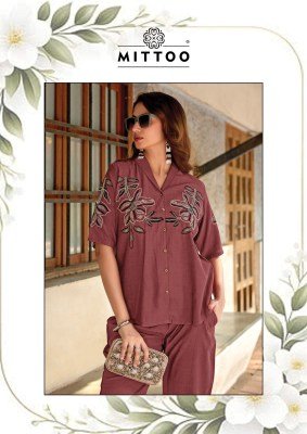 Elegant and comfortable, the Mittoo Daizy Vol 2 Kurti Set is crafted in soft viscose crepe with beautiful thread and handwork detailing—perfect for da co ord set catalogs