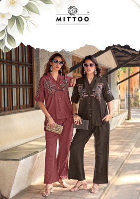 Elegant and comfortable, the Mittoo Daizy Vol 2 Kurti Set is crafted in soft viscose crepe with beautiful thread and handwork detailing—perfect for da co ord set catalogs