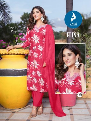 Elina by Kaya 3 piece concept foil printed straight cut readymade suit collection in low budget readymade suit catalogs