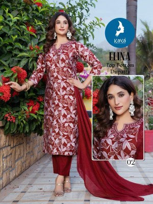Elina by Kaya 3 piece concept foil printed straight cut readymade suit collection in low budget readymade suit catalogs