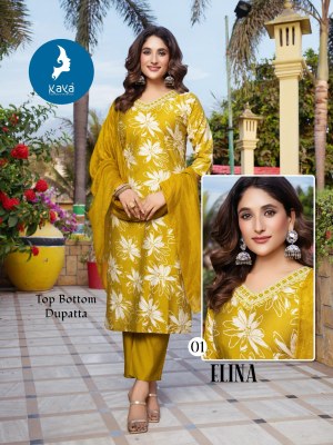 Elina by Kaya 3 piece concept foil printed straight cut readymade suit collection in low budget readymade suit catalogs