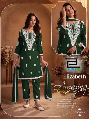 Elizabeth by Blue Hills Reyon Thread Work Top bottom with dupatta catalogue at low price readymade suit catalogs