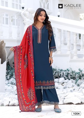 Evergreen by Kadlee Thread Handwork Fancy Kurti Pant with Dupatta catalogue at low rate readymade suit catalogs