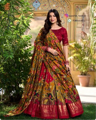 Exclusive Tussar Silk Kalamkari Lehenga Choli Set 1219Red Colour with Shimmering Foil and Gotta Patti Lace And Tassel Embellished Dupatta Wholesale Amavi