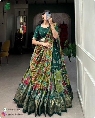 Exclusive Tussar Silk Kalamkari Lehenga Choli Set 1219 Green Colour with Shimmering Foil and Gotta Patti Lace And Tassel Embellished Dupatta Wholesale lehenga choli