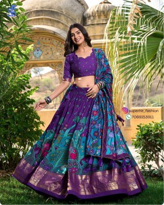 Exclusive Tussar Silk Kalamkari Lehenga Choli Set 1219 Purple Colour with Shimmering Foil and Gotta Patti Lace And Tassel Embellished Dupatta Wholesal lehenga choli