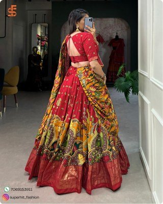 Exclusive Tussar Silk Kalamkari Lehenga Choli Set 1219Red Colour with Shimmering Foil and Gotta Patti Lace And Tassel Embellished Dupatta Wholesale lehenga choli