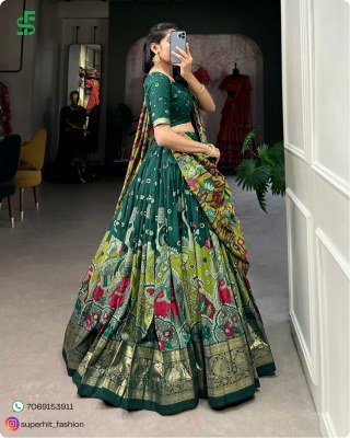 Exclusive Tussar Silk Kalamkari Lehenga Choli Set 1219 Green Colour with Shimmering Foil and Gotta Patti Lace And Tassel Embellished Dupatta Wholesale lehenga choli