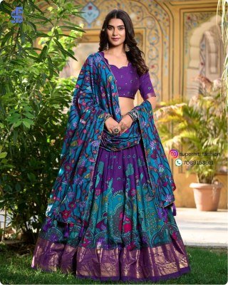 Exclusive Tussar Silk Kalamkari Lehenga Choli Set 1219 Purple Colour with Shimmering Foil and Gotta Patti Lace And Tassel Embellished Dupatta Wholesal lehenga choli