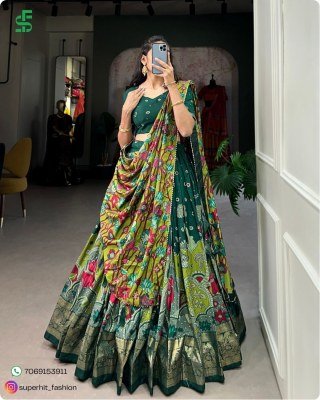 Exclusive Tussar Silk Kalamkari Lehenga Choli Set 1219 Green Colour with Shimmering Foil and Gotta Patti Lace And Tassel Embellished Dupatta Wholesale lehenga choli