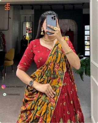 Exclusive Tussar Silk Kalamkari Lehenga Choli Set 1219Red Colour with Shimmering Foil and Gotta Patti Lace And Tassel Embellished Dupatta Wholesale lehenga choli