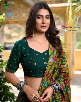 Exclusive Tussar Silk Kalamkari Lehenga Choli Set 1219 Green Colour with Shimmering Foil and Gotta Patti Lace And Tassel Embellished Dupatta Wholesale lehenga choli