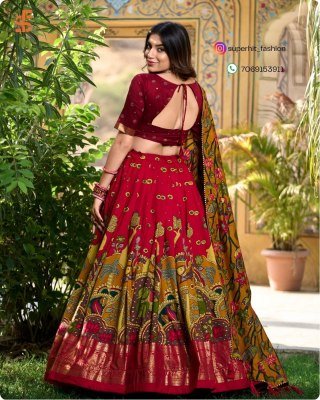 Exclusive Tussar Silk Kalamkari Lehenga Choli Set 1219Red Colour with Shimmering Foil and Gotta Patti Lace And Tassel Embellished Dupatta Wholesale lehenga choli