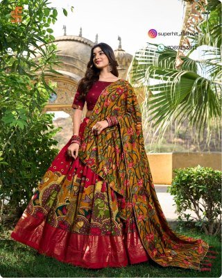 Exclusive Tussar Silk Kalamkari Lehenga Choli Set 1219Red Colour with Shimmering Foil and Gotta Patti Lace And Tassel Embellished Dupatta Wholesale lehenga choli