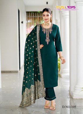 Tips and Tops  Maahi Fancy 3pc Premium Viscose Roman Silk Suit Heavy Embroidery Pant Pocket Chanderi Jacquard Dupatta wholesale readymade suit catalogs