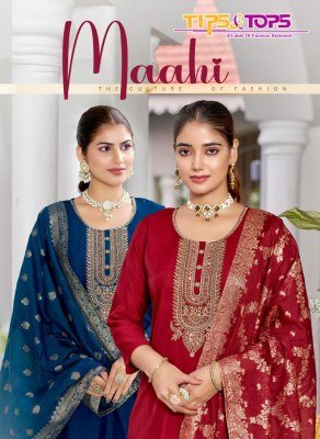 Tips and Tops  Maahi Fancy 3pc Premium Viscose Roman Silk Suit Heavy Embroidery Pant Pocket Chanderi Jacquard Dupatta wholesale readymade suit catalogs