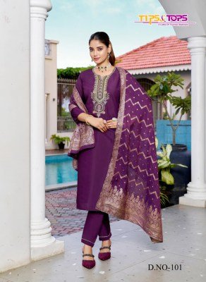 Tips and Tops  Maahi Fancy 3pc Premium Viscose Roman Silk Suit Heavy Embroidery Pant Pocket Chanderi Jacquard Dupatta wholesale readymade suit catalogs