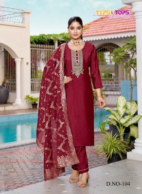 Tips and Tops  Maahi Fancy 3pc Premium Viscose Roman Silk Suit Heavy Embroidery Pant Pocket Chanderi Jacquard Dupatta wholesale readymade suit catalogs