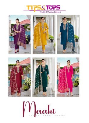 Tips and Tops  Maahi Fancy 3pc Premium Viscose Roman Silk Suit Heavy Embroidery Pant Pocket Chanderi Jacquard Dupatta wholesale readymade suit catalogs