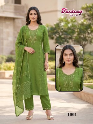 Fantasy Vol 43 Roman Silk Embroidered Kurti Pant with Chanderi Jacquard Dupatta Set kurtis catalogs