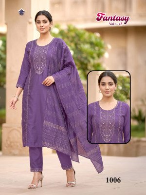 Fantasy Vol 43 Roman Silk Embroidered Kurti Pant with Chanderi Jacquard Dupatta Set kurtis catalogs
