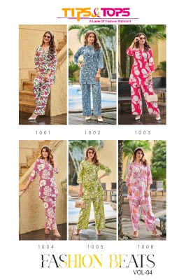 Fashion beats vol 4 by tips and tops Heavy reyon printed co ord set catalogue at amaviexpo Size wise Combo Set