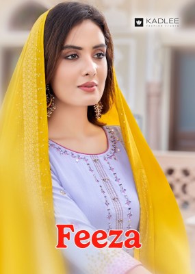 Feeza by Kadlee reyon wrinkle handwork kurti pant and dupatta catalogue at low rate kurti pant with dupatta Catalogs